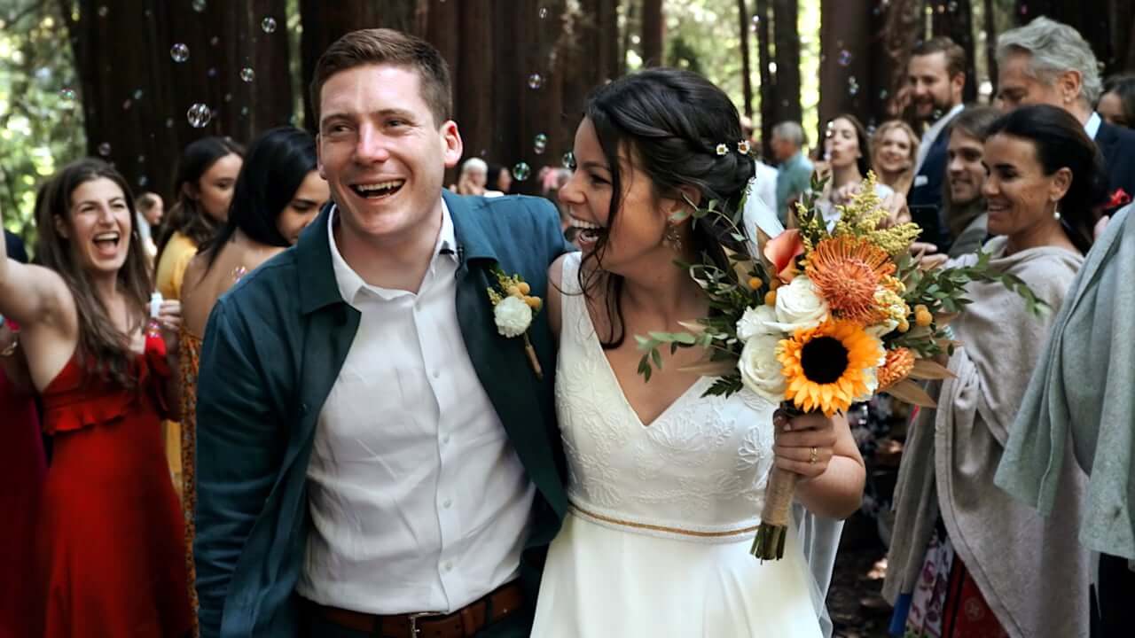 A photo of a bride and groom who just got married at Old Mill Park in Mill Valley, CA