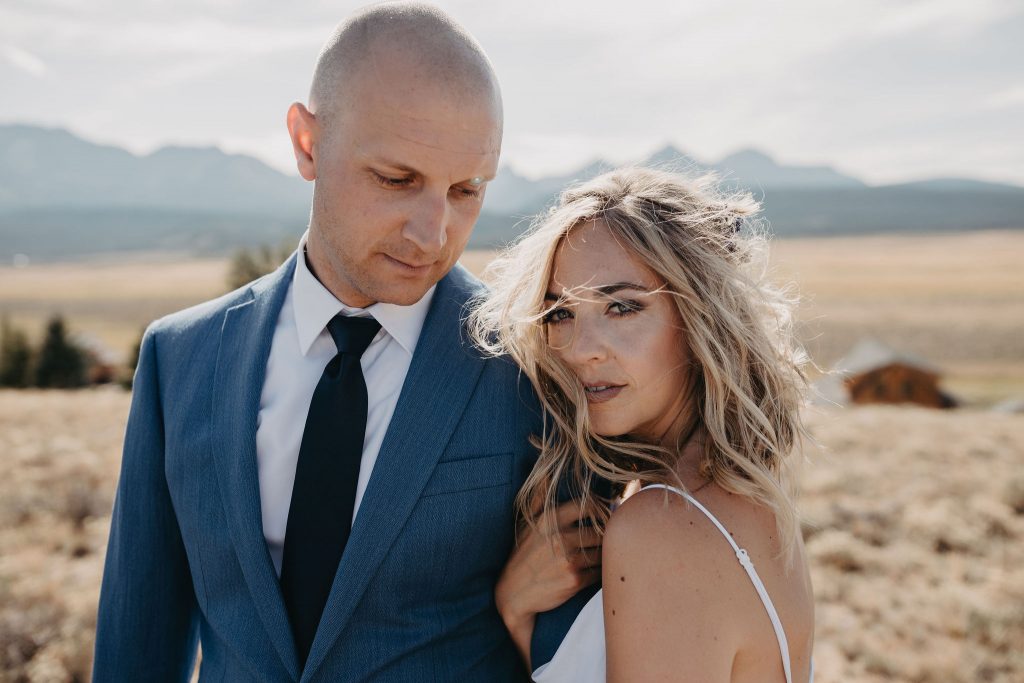 A bride and groom portrait before their elopement in the Sawtooth Mountains.