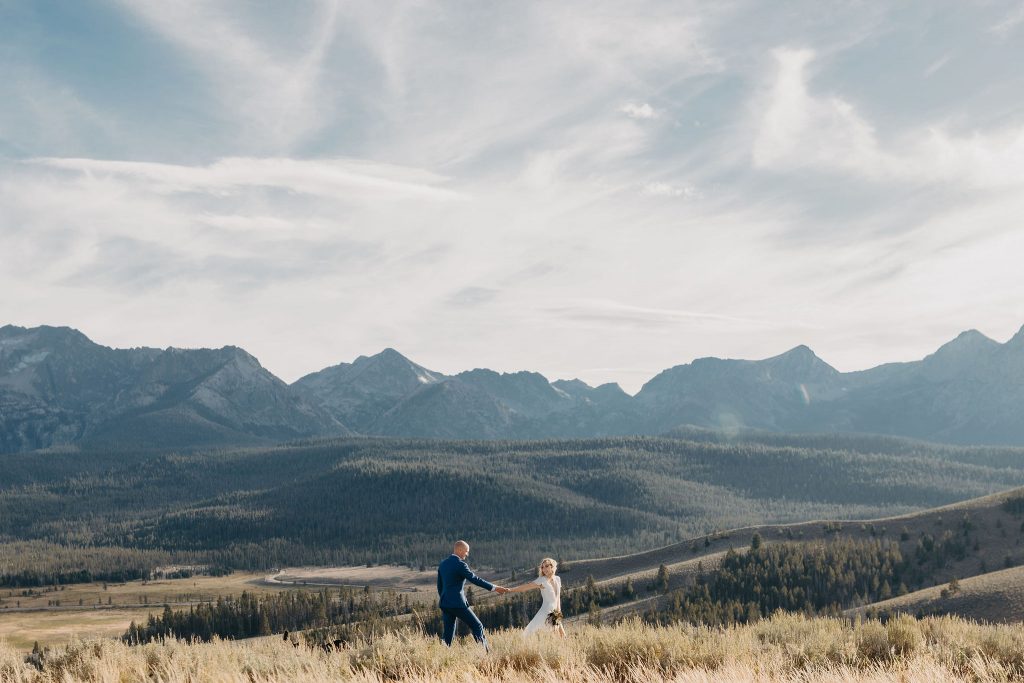 A bride and groom elopement photo in the Sawtooth Mountains.
