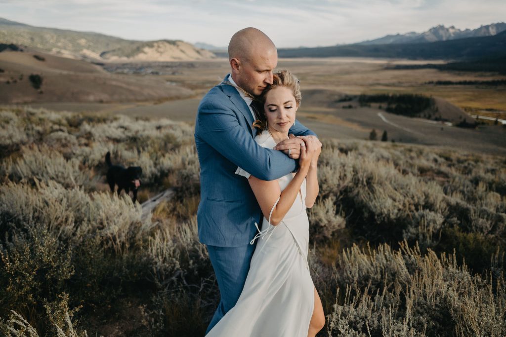 A bride and groom elopement photo in the Sawtooth Mountains.