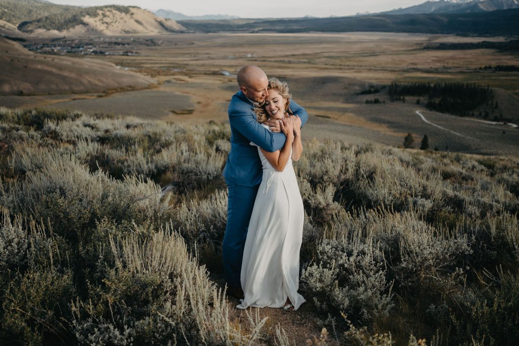 A bride and groom after they eloped in the Sawtooth Mountains in Stanley, ID.