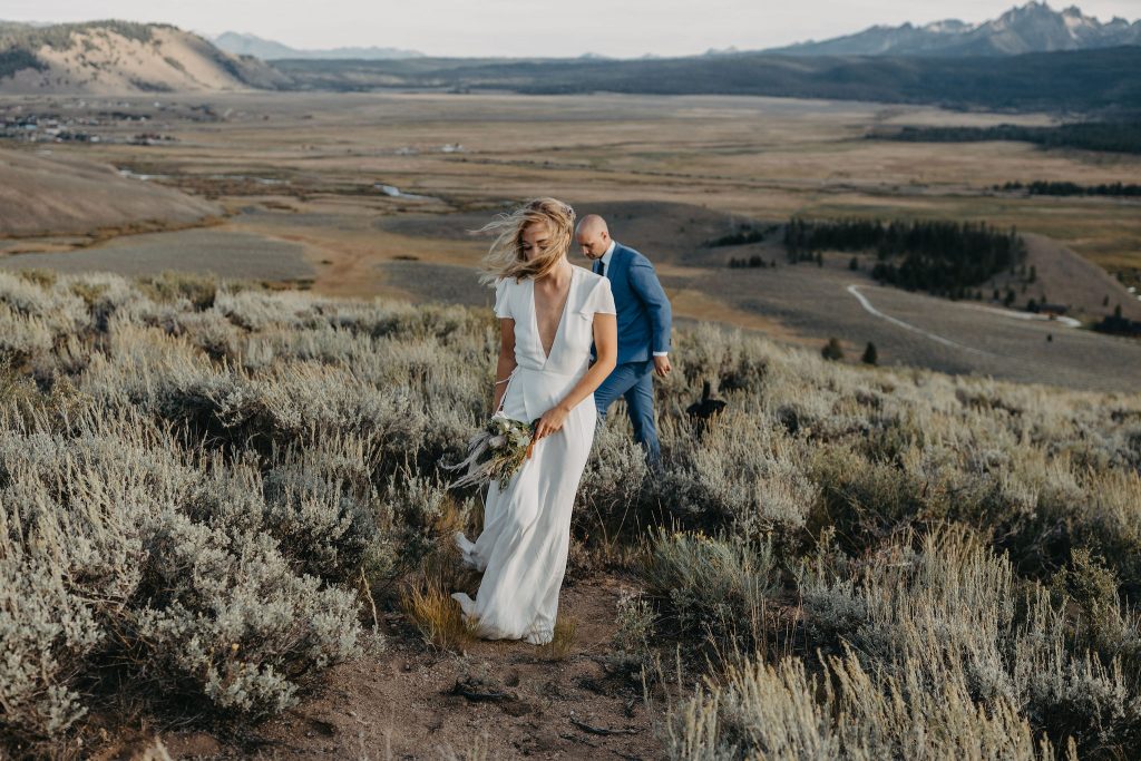 A bride and groom after they eloped in the Sawtooth Mountains in Stanley, ID.