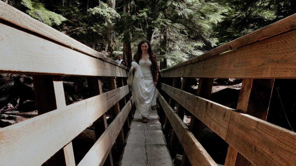 A bride hiking to her Mt Hood elopement.