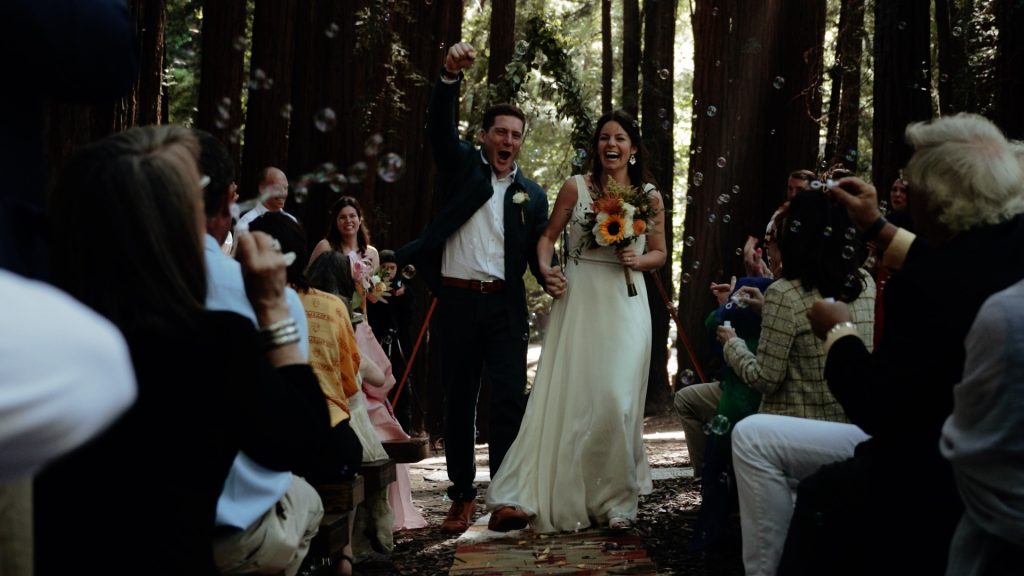 A bride and groom photo at their redwoods wedding at Old Mill Park.